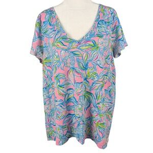 Lilly Pulitzer Etta V-Neck Tee XL Short Sleeve Pink Blue Off The Scales Cotton